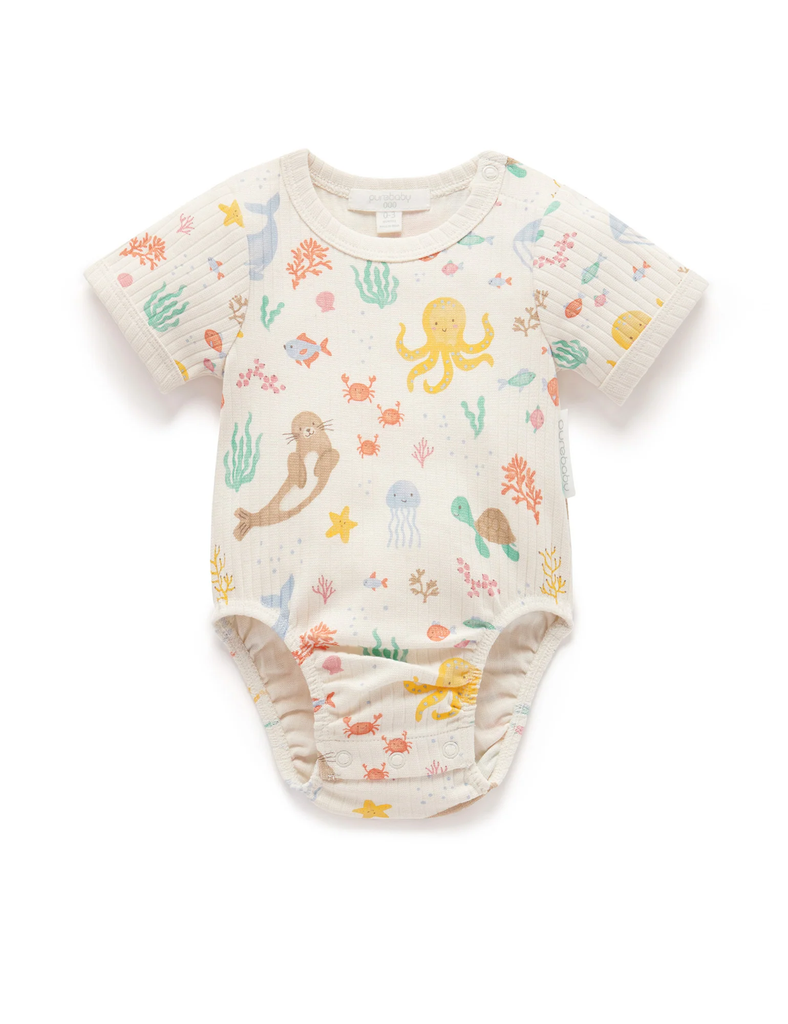 Rib Short Sleeve Bodysuit - Happy in the Sea Print