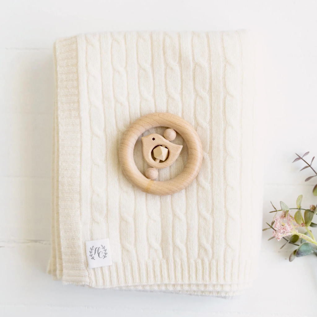 Cashmere Cable Knit Baby Blanket - Snow with free Bella Zailea pram toy while stocks last. (gift bag and wrap included)