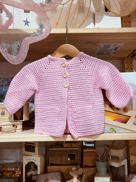 Bendigo Mills Luxe Cotton Hand Crocheted Cardie with Pockets - Pink Rose  Size: 0-3m (Copy)