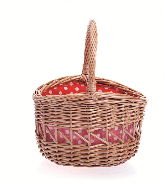 wicker small round basket with red & white spotty lining