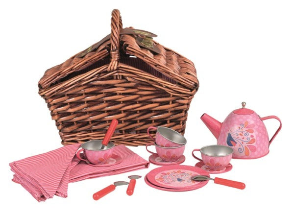 Peacock tin tea set in a wicker basket